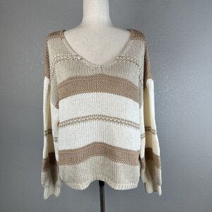 Magnolia Womens Boho V-Neck Pullover Sweater One Size Neutral Beige Ivory Stripe